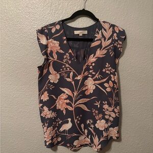LOFT Navy and Coral Floral Blouse